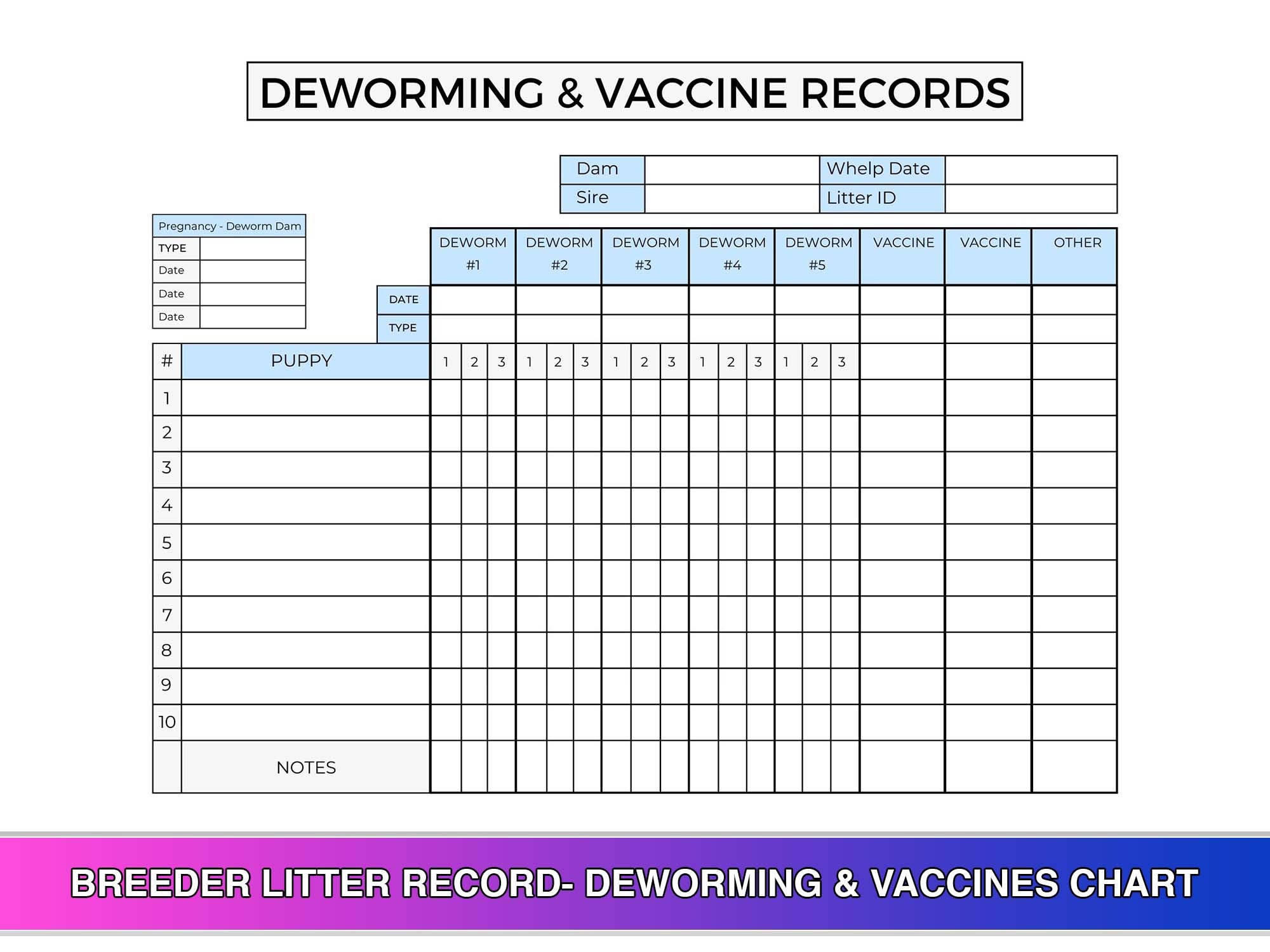 Breeder Litter Record Deworming & Vaccines Chart Canva Template US