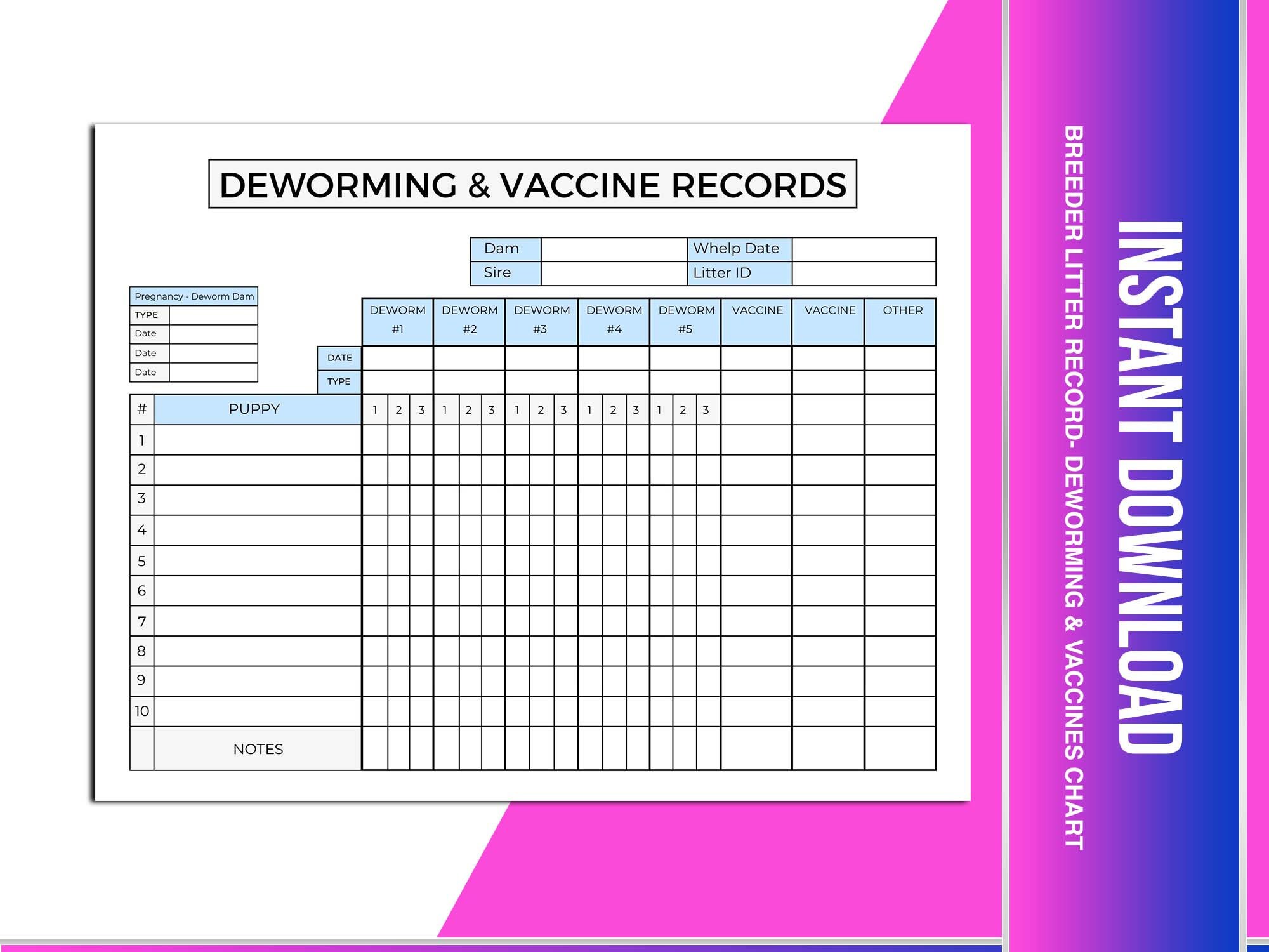 Breeder Litter Record Deworming &amp; Vaccines Chart Canva Template US ...
