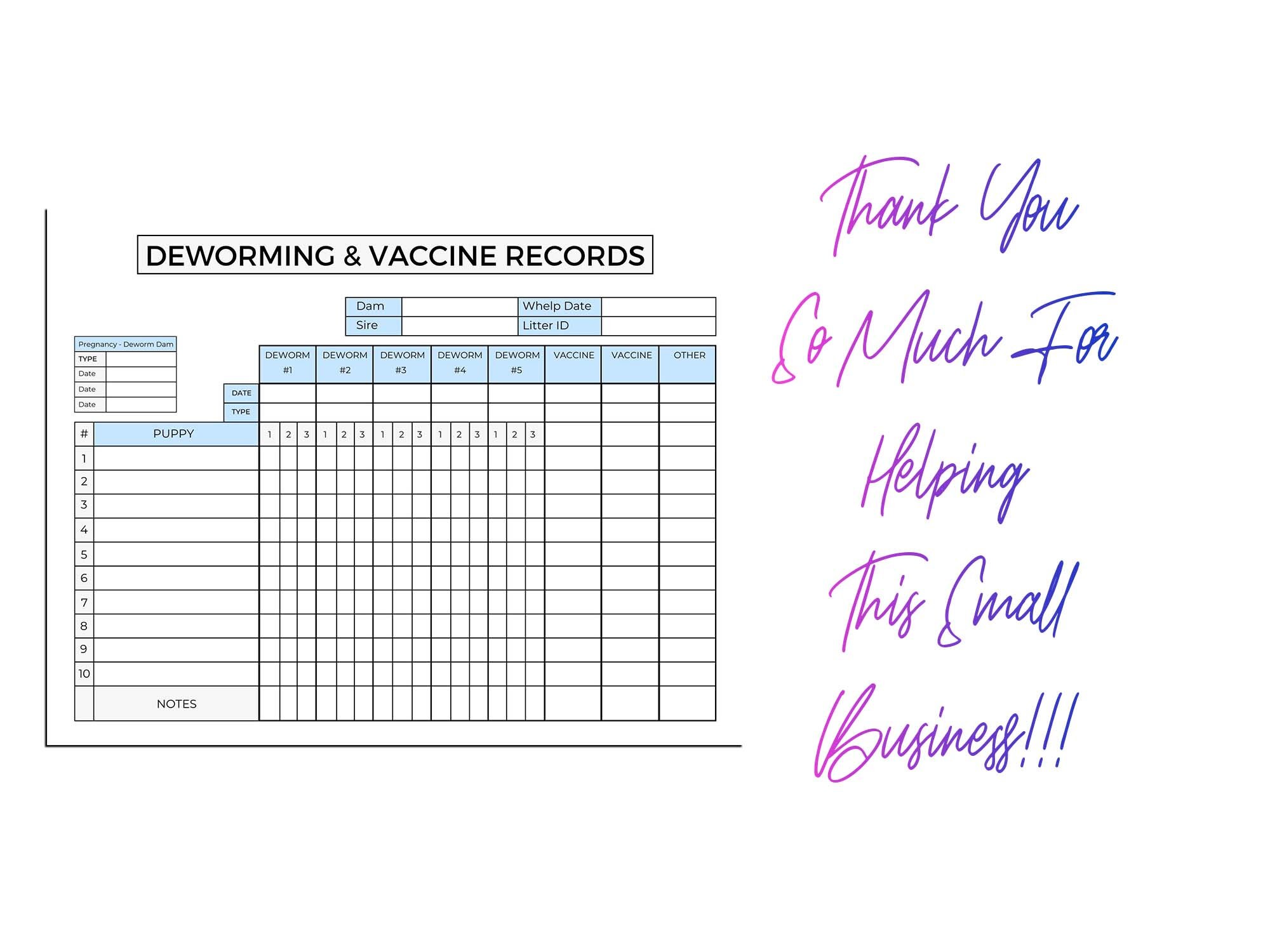 Breeder Litter Record Deworming &amp; Vaccines Chart Canva Template US ...