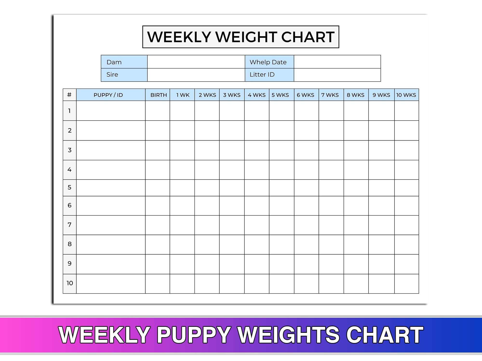 Weekly Puppy Weights Chart Breeder Litter Records Forms Canva Template US  Letter Size Printable PDF Editable Instant Download. 