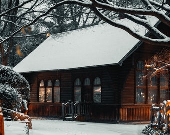 Cozy Winter Cabin Print, Snowy Night Photography