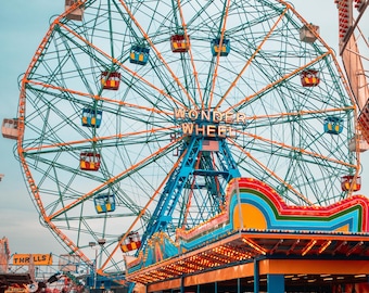 Coney Island Wonder Wheel Print, NYC Ferris Wheel Photography, Colorful New York Wall Art