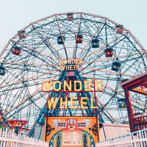 Vintage Coney Island Ferris Wheel Art Print, Nostalgic Carnival Skyline