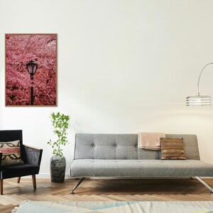 Puede incluir: Un sof&aacute; gris con un cuadro enmarcado con una impresi&oacute;n floral rosa encima. Un sill&oacute;n negro con un coj&iacute;n estampado se encuentra a la izquierda del sof&aacute;. Una l&aacute;mpara de pie con una base plateada y una pantalla blanca se encuentra a la derecha del sof&aacute;.