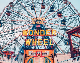 NYC Coney Island Ferris Wheel Print,  Luna Park Carnival Ride Print, Colorful Carnival Photo