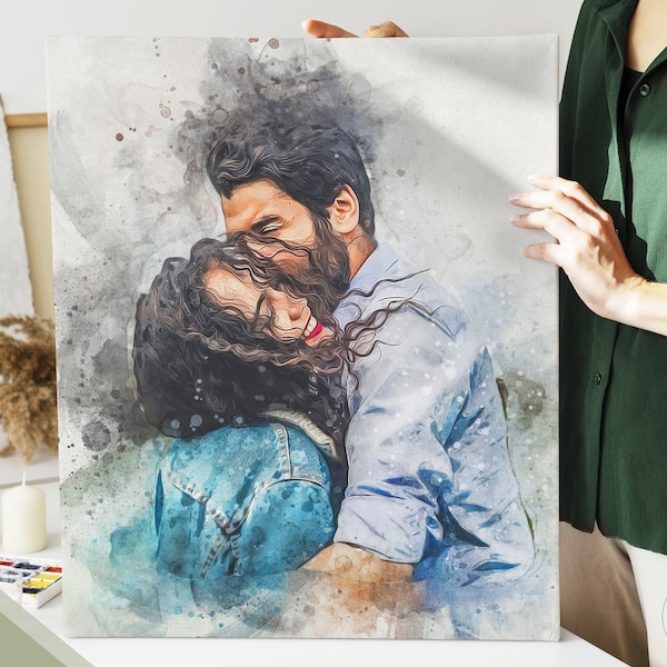 Peinture de portrait sur toile personnalisée à partir d’une photo, cadeau personnalisé pour couples, portrait de peinture à l’aquarelle personnalisé, portrait de famille