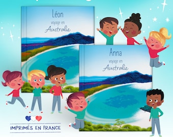 Livre enfant Voyage en Australie couverture rigide et pages intérieures personnalisées à son prénom