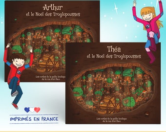 Livre enfant Le Noël des Troglopousses couverture rigide et pages intérieures personnalisées à son prénom