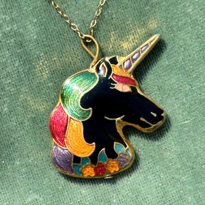Vintage Cloisonné Enamel Unicorn Pendant Necklace  Rainbow Mane & Floral Accents Whimsical 80s-90s Style