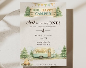 One Happy Camper First Birthday Invitation | Camping Birthday Invite for Boy | Forest Camper Theme Invite