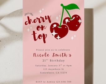 Cherry Birthday Invitation Template | Cherry on Top Party Invite for Her | Pink Cute Birthday Printable | Girls Night Invitation