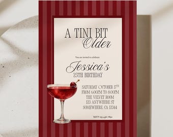 Modello di invito di compleanno Canva, invito per cocktail party per adulti, biglietto di compleanno a righe bordeaux e rosse, invito vintage retrò modificabile