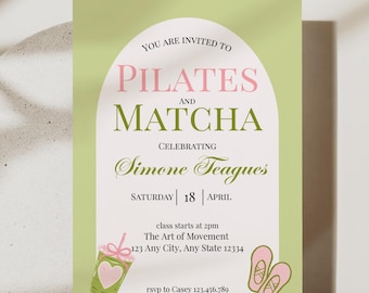 Pilates and Matcha Birthday Invitation Template, Editable Canva Fitness Party Invite, Matcha Theme Girls Birthday, Wellness Party Invite