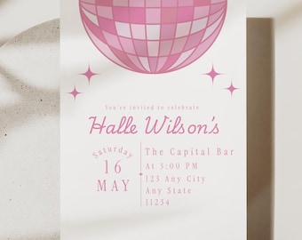 Disco Ball Birthday Invitation Template, Pink Disco Party Invite, Editable Canva Girls Birthday Invite, Retro Disco Theme Digital Download
