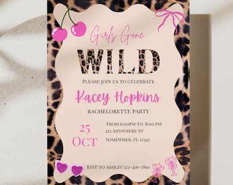 Girls Gone Wild Bachelorette Invitation Template, Leopard Print Cherry Theme Invite, Cheetah Cherry Invite, Pink Wild Girls Night Invite