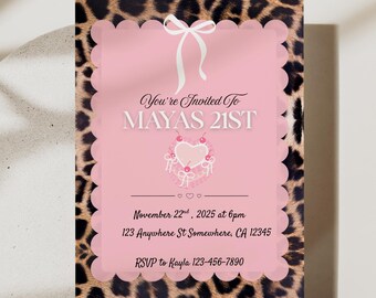 Coquette 21st Birthday Invite | Pink Glam Cheetah Print Digital Party Template | Cheetah Bow Invitation | Cherry On Top