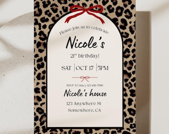 Cheetah Cherry 21st Birthday Invitation | Coquette Red Birthday Party Invite | Printable Girls Night Out Digital Template