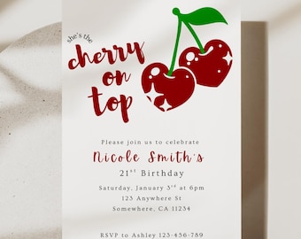 Cherry Birthday Invitation Template | Cherry on Top Party Invite for Her | Pink Cute Birthday Printable | Girls Night Invitation