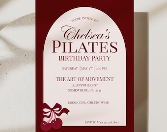 Pilates Birthday Party Invitation Template, Fitness Birthday Invite, Editable Canva Workout Party Invite, Red Elegant Girls Birthday Invite