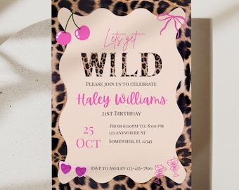Editable Canva Leopard Print ‘Let’s Get Wild’ Birthday Invitation – 21st Bday, Girls Night Out, Cherry & Animal Print Party Invite