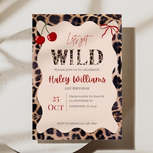 Invitation d'anniversaire « Let's get wild » en toile imprimé léopard – 21e anniversaire, soirée entre filles, invitation de fête imprimé cerise et animal, guépard
