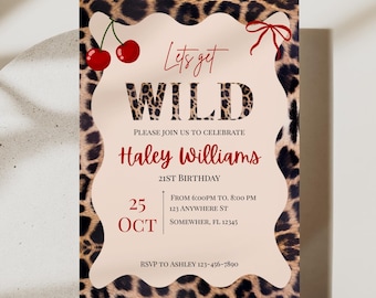 Canva Leopard Print ‘Let’s Get Wild’ Birthday Invitation – 21st Party, Girls Night Out, Cherry + Animal Print Party Invite, Cheetah Cherry