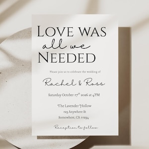 May include: A wedding invitation with the text "LOVE WAS all we NEEDED" in a minimalist design. The invitation includes the names Rachel & Ross, the date, time, and location. The invitation is on a white background with a shadow.