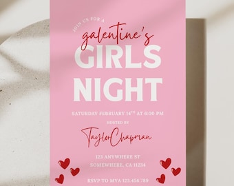 Galentine’s Girls Night Invitation Template | Pink Valentine Girls Night Invite | Galentines Party Invitation | Editable Canva Invitation |