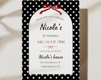 Birthday Invitation Template | Black White Polka Dot Birthday Invite | Modern Canva Party Invitation | Chic Bow Birthday Digital Download