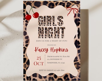 Girls Night Invitation Template | Leopard Print Girls Night Invite | Cherry Theme Bachelorette Party Invitation | Cheetah Cherry Invite