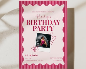 Pink Photo Birthday Invitation Template for Girls | Pink Stripes Birthday Party Invite | Golden Birthday Invitation | Girly Birthday Invite
