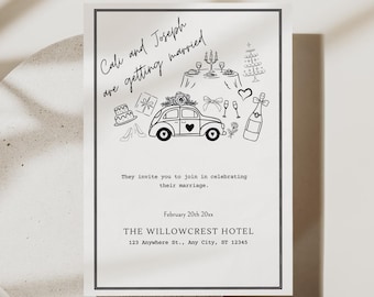 Hand Drawn Wedding Invitation Template | Illustrated Wedding Invite | Whimsical Wedding Invitation | Fun Modern Wedding Invite