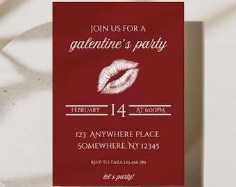 Galentine’s Party Invitation Template | Valentine Girls Night Invite | Red Lips Galentines Invite | Editable Canva Party Invitation