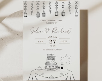 Whimsical Wedding Invitation Template | Illustrated Wedding Invite | Romantic Hand Drawn Wedding Invitation | Modern Wedding Invitation