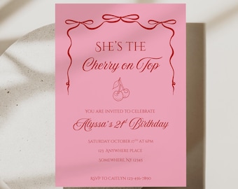 Cherry on Top Birthday Invitation Template | Pink Cherry Birthday Invite for Her | Editable Canva Birthday Party Invitation |