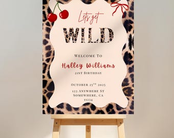 Plantilla de letrero de bienvenida con estampado de leopardo y cerezas / Letrero de cumpleaños "¡A divertirse!" / Decoración editable para fiesta de 21 años / Plantilla imprimible para Canva con temática salvaje