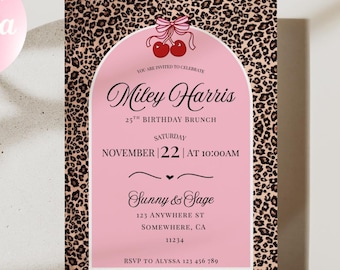 Leopard and Cherry Invite | Editable Canva Invite for Her | Pink Wild Party Brunch | 25th Birthday Digital Download