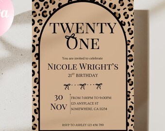Leopard Print 21st Birthday Invitation with Black Bow | Editable Canva Template | Elegant Animal Print Party Invite | Digital Download