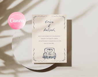 Vintage Car Wedding Invitation Template | Minimal Hand-Drawn Just Married Invite | Editable Canva Download | Simple Retro Wedding Card