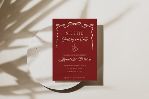 Coquette Cherry On Top Birthday Invitation: Red 21st Party Invite| She’s The Cherry On Top (Digital Template)