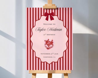 Cherry on Top Birthday Welcome Sign Template | Pink Red Stripe Birthday Poster for Her | Bow Cherry Party Decor | Canva Welcome Sign