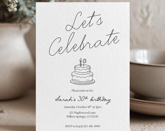30th Birthday Invitation Template: Minimalist Cake Design (Digital Download)