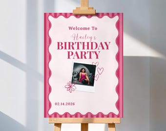 Pink Birthday Welcome Sign with Photo, Editable 18x24 Birthday Party Welcome Poster, Girly Birthday Decor, Custom Photo Canva Sign