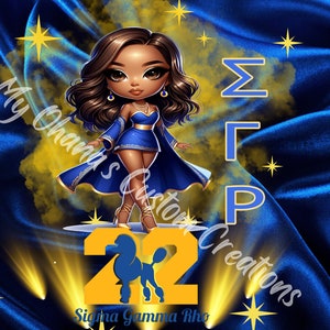 Op de afbeelding: Een digitale illustratie van een zwarte vrouw in een blauwe en gouden sorority-jurk met een poedel en de letters "ΣΓΡ" en de tekst "Sigma Gamma Rho" op een blauwe en gouden achtergrond.