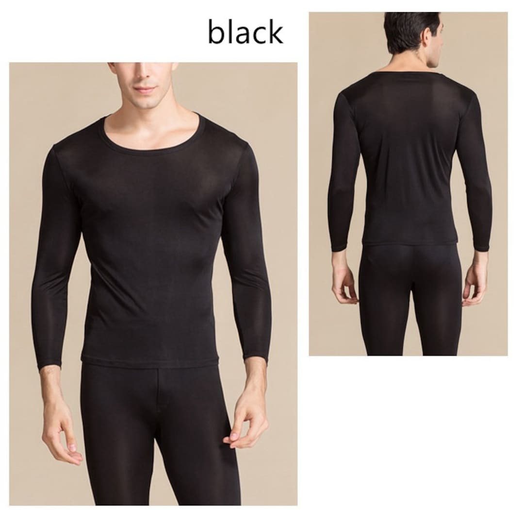 Men Mulberry Silk Thermal Underwear Set/crew Neck Long Sleeve Shirts