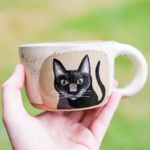 Black cat mug, witchy mug, charming cup for hot chocolate, pottery gift for her, halloween style ceramics, crazy cat lady gift