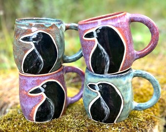 Ceramic pottery mug, raven mug, crow mug, bird lover gift, purple mug with a black bird motif, halloween gift idea, black bird cup