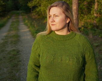 GREEN wool sweater, olive handmade sweater, warm cozy jumper, natural sweater with cables, clothes for a capsule wardrobe