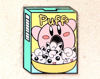 Puff Breakfast Cereal with JigglyPuff and Kirby - 1.5" Enamel Pin Lapel Metal Badge