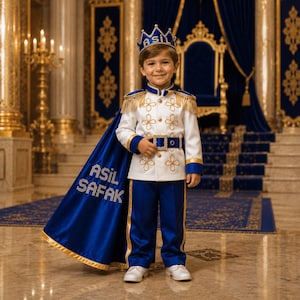 May include: A royal-inspired outfit featuring a white jacket with gold embroidery, blue trousers, and a matching blue cape with the text ASIL SAFAK in rhinestones. The set includes a blue crown with the text ASIL and gold fringe shoulder epaulets.